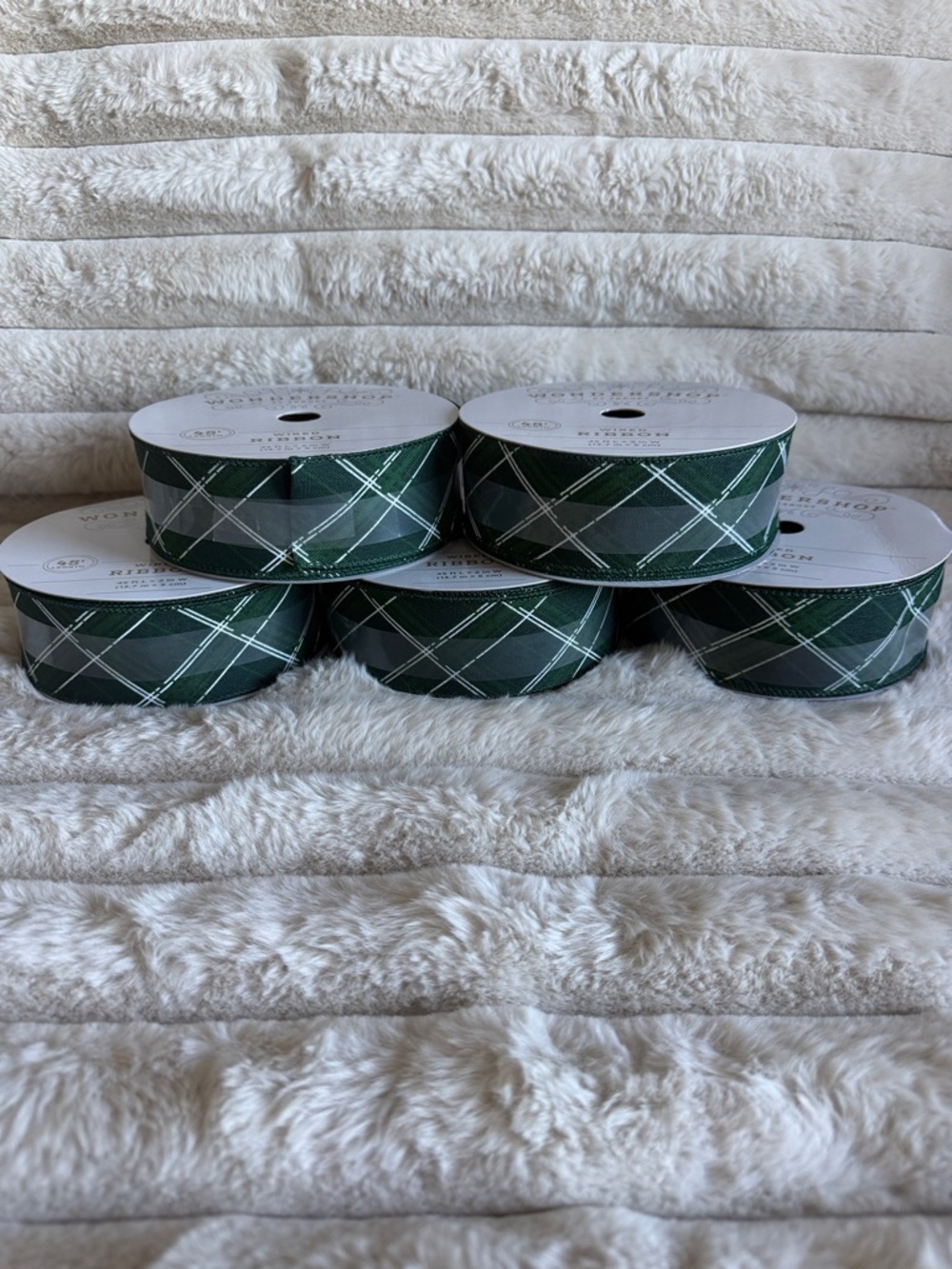 Wondershop Holiday Christmas Wired Ribbon Green Plaid Set of 5 NEW!